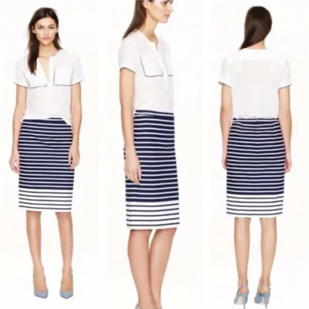 NWT J.Crew No 2 Pencil Skirt Contrast Stripes Navy Blue + White, size 6